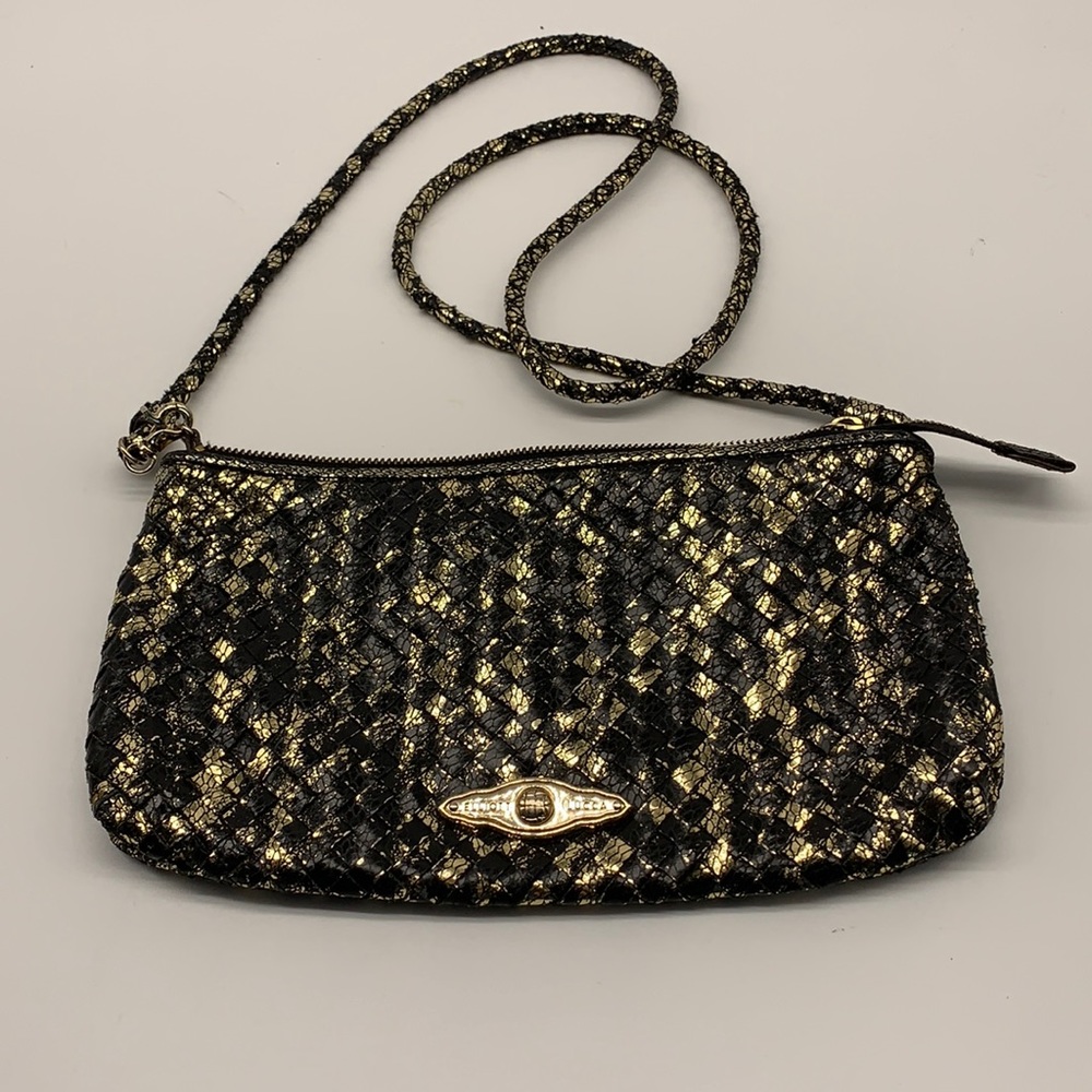 Elliott Lucca Black and Gold Leather Woven Crossbody Bag
